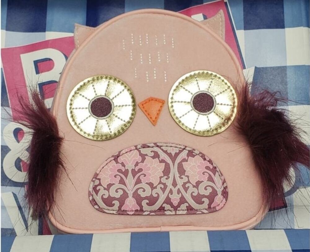 BBW Soft Fuzzy Fur Pink Owl w. Fur Wing Travel Carry All Cosmetic Bag